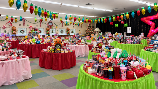 Full view of our PTO-run school holiday shop from the doorway, set up and decorated for Christmas
