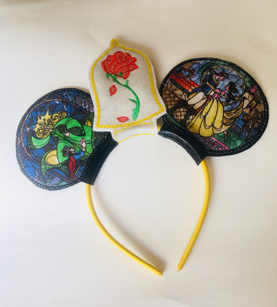 Beauty and the beast Ears Embroidered beauty and the beast stained glass mouse ears Mickey Ears child adult ears Disney minnie ears with bow