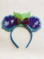 The Little Mermaid custom ears Ariel mouse ears headband with Mermaid tail and bow with fork and shells Embroidered mermaid princess ears